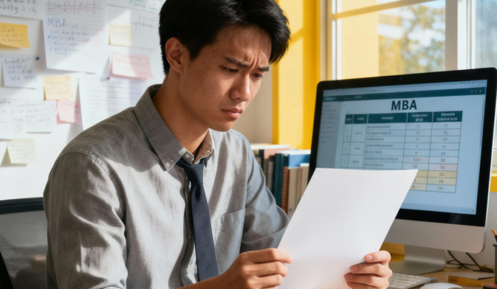 国内難関MBAへ合格したにも関わらず後悔して悩んでいる様子のアイキャッチ画像