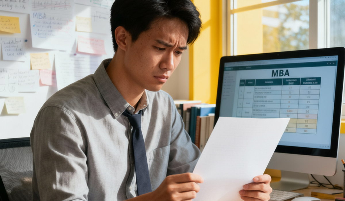 国内難関MBAへ合格したにも関わらず後悔して悩んでいる様子のアイキャッチ画像