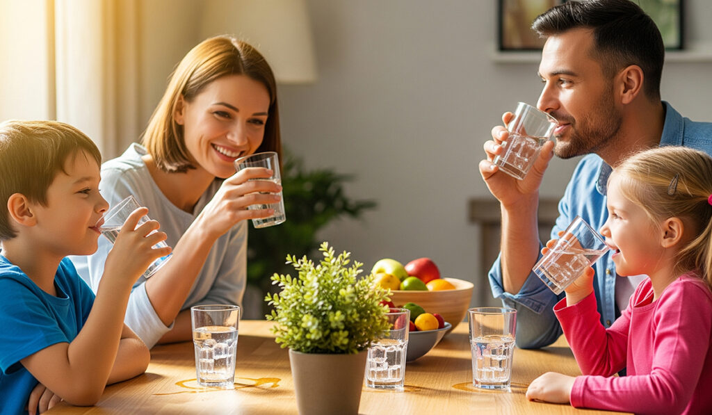 家族で天然水が入った水を美味しそうに飲んでいるアイキャッチ画像