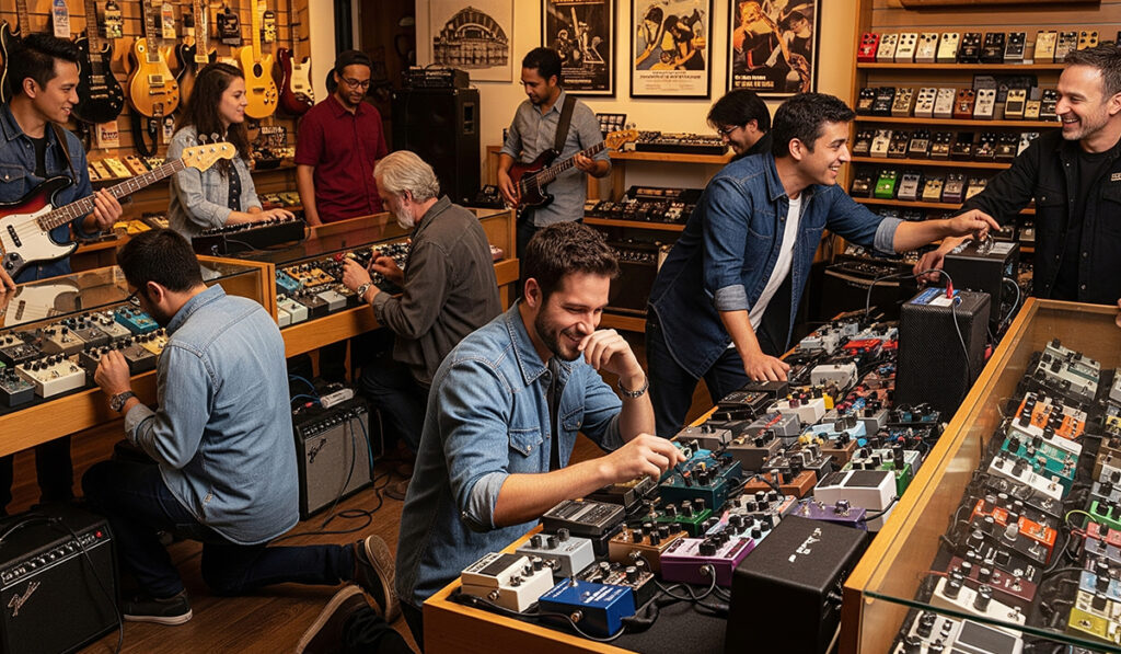 エフェクト機材を見て楽しんでいる様子のアイキャッチ画像