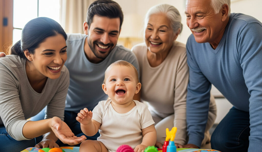 赤ちゃんを囲む微笑ましい家族のアイキャッチ画像