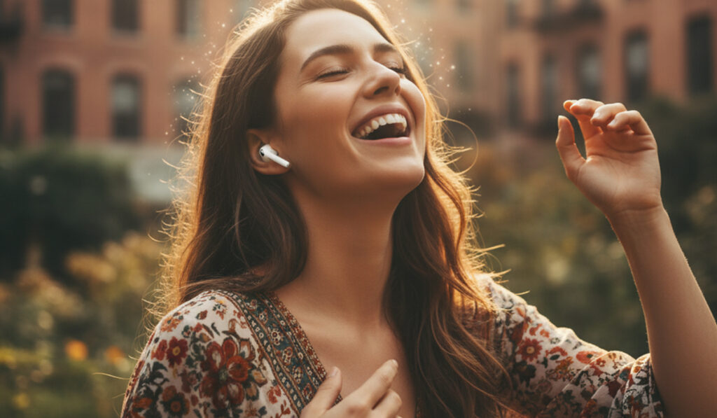 ワイヤレスイヤホンで音楽の世界を楽しんでいるのアイキャッチ画像