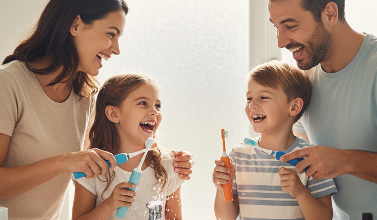 家族で電動歯ブラシを使って歯磨きを楽しんでいるアイキャッチ画像