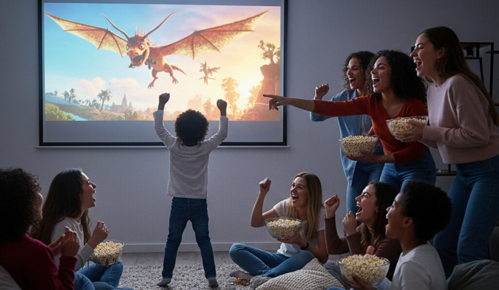 プロジェクターで映画を観て大喜びしているアイキャッチ画像