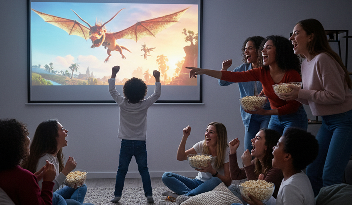 プロジェクターで映画を観て大喜びしているアイキャッチ画像