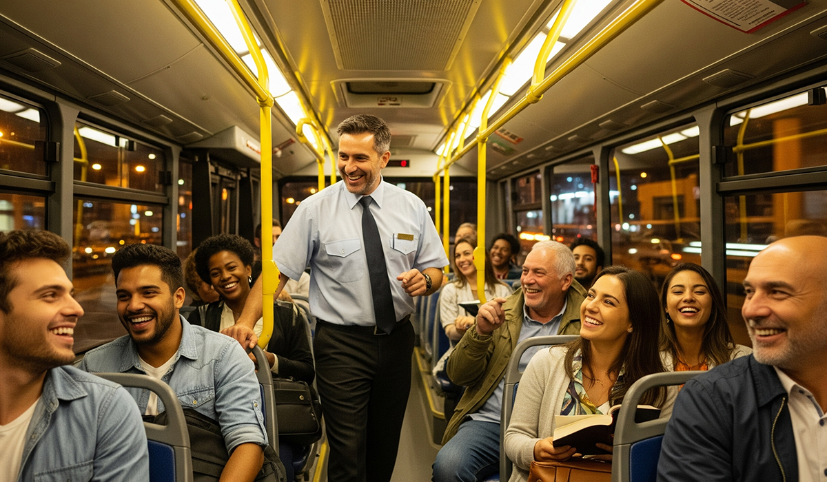 点呼中の夜行バスで楽しそうな雰囲気が伝わってくるアイキャッチ画像