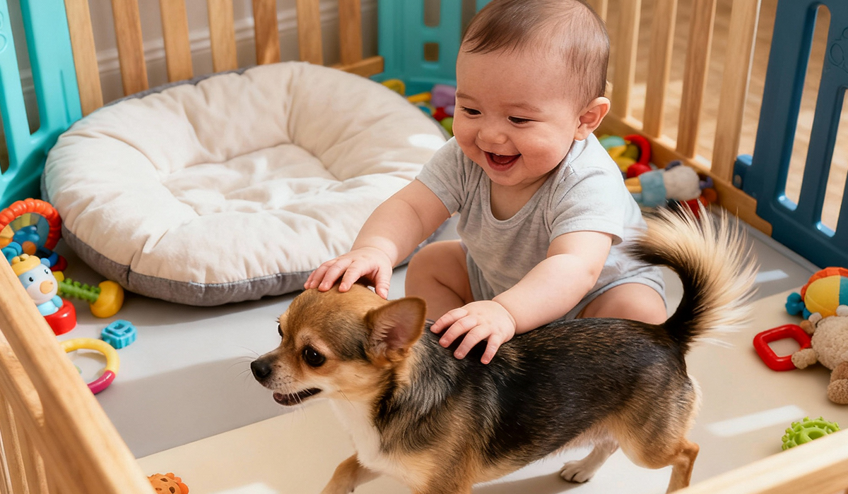 ベビーサークルの中でペットと楽しそうに遊んでいる赤ちゃんのアイキャッチ画像