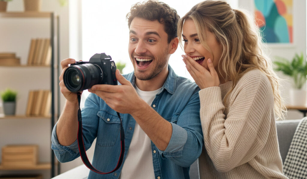 新しい一眼レフカメラを手に入れて大喜びしている様子のアイキャッチ画像