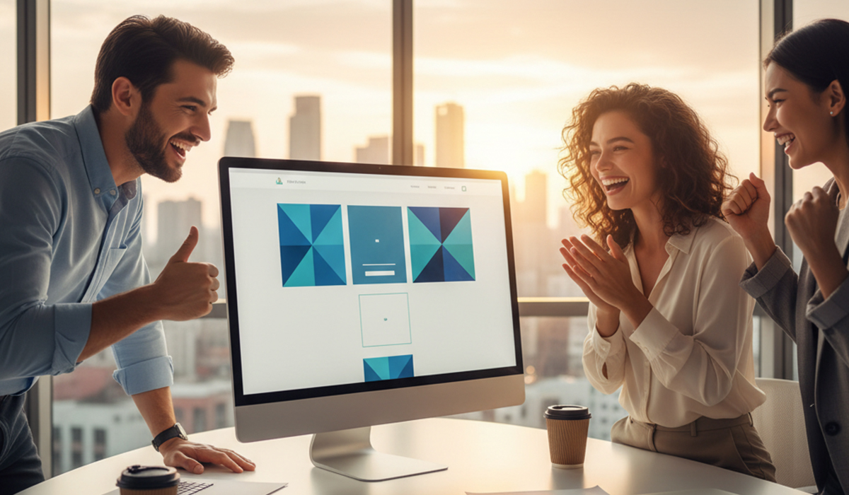 企業向けのおしゃれなホームページを作成して喜んでいる様子のアイキャッチ画像