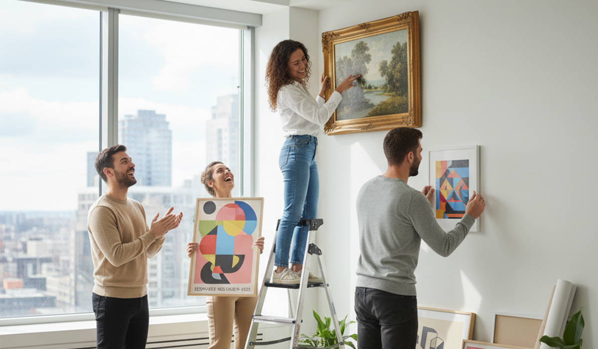 名画アートや名画ポスターを事務所に飾って喜んでいるアイキャッチ画像