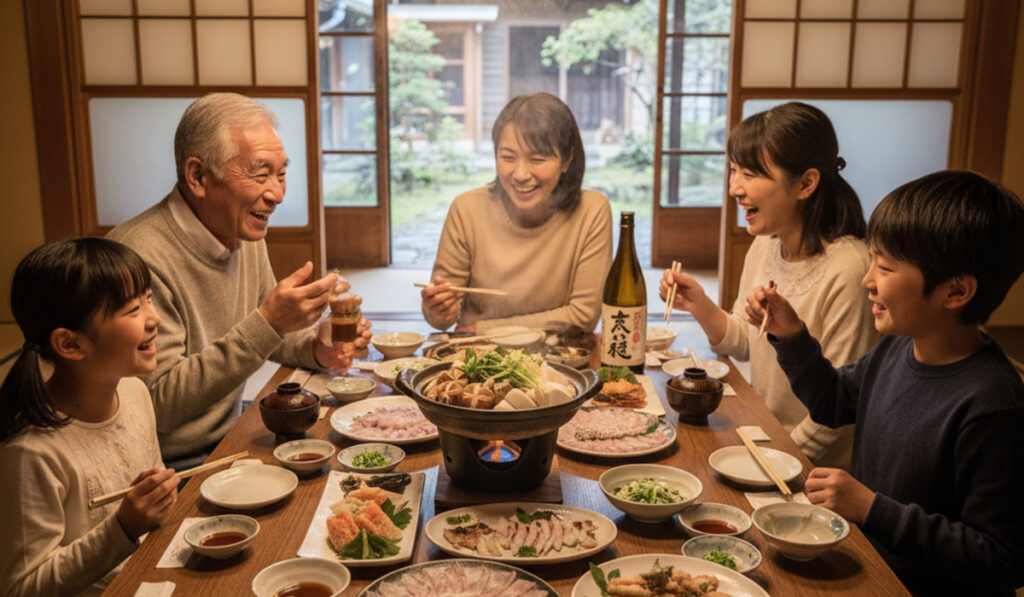 美味しいフグ料理を楽しんでいる家族のアイキャッチ画像