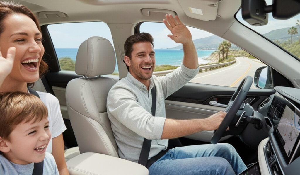新車でドライブに出かけて凄く楽しそうにしているファミリーのアイキャッチ画像