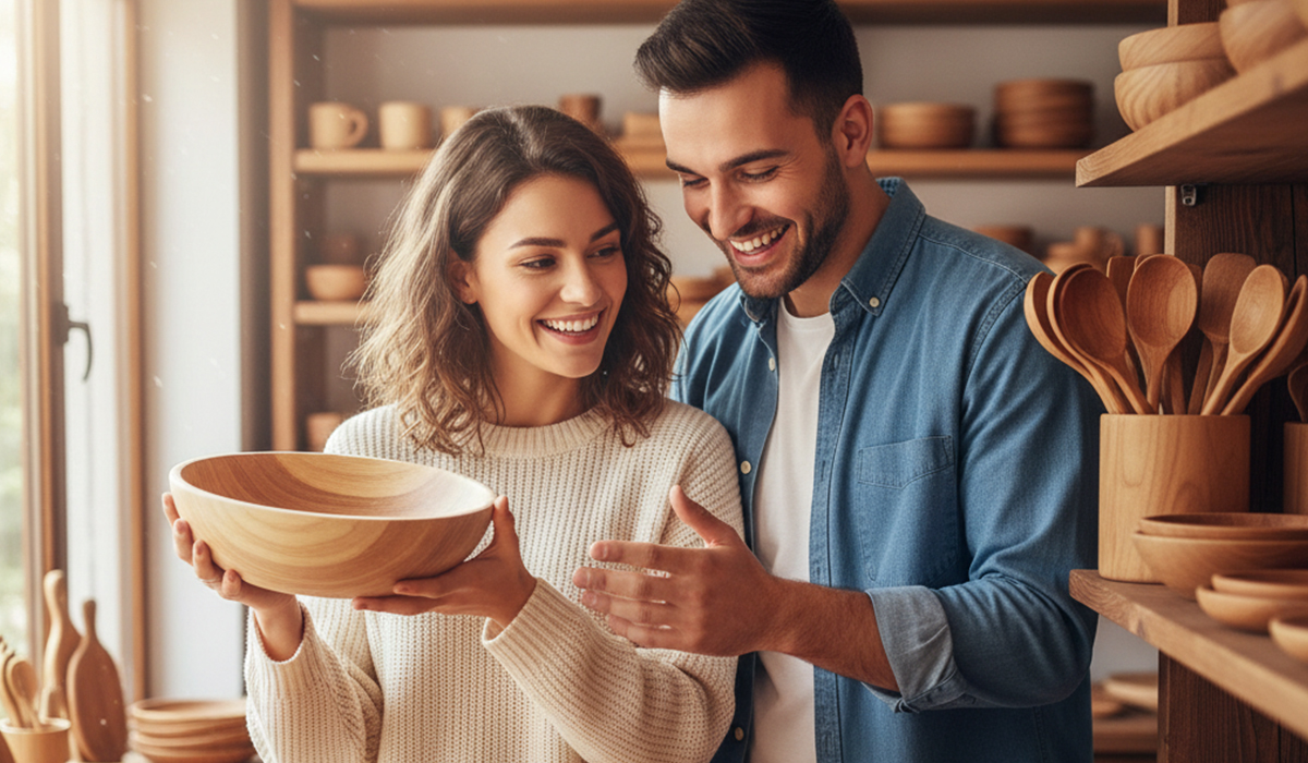 新婚の夫婦が内祝いで木製食器類を楽しそうに選んでいるアイキャッチ画像