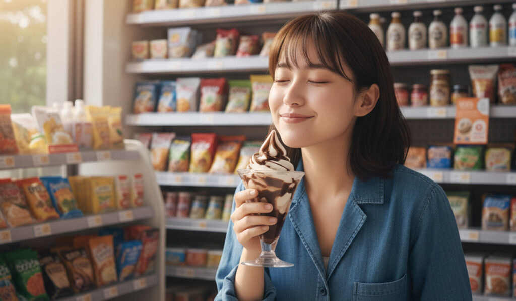 コンビニでスイーツを美味しそうにしている様子のアイキャッチ画像