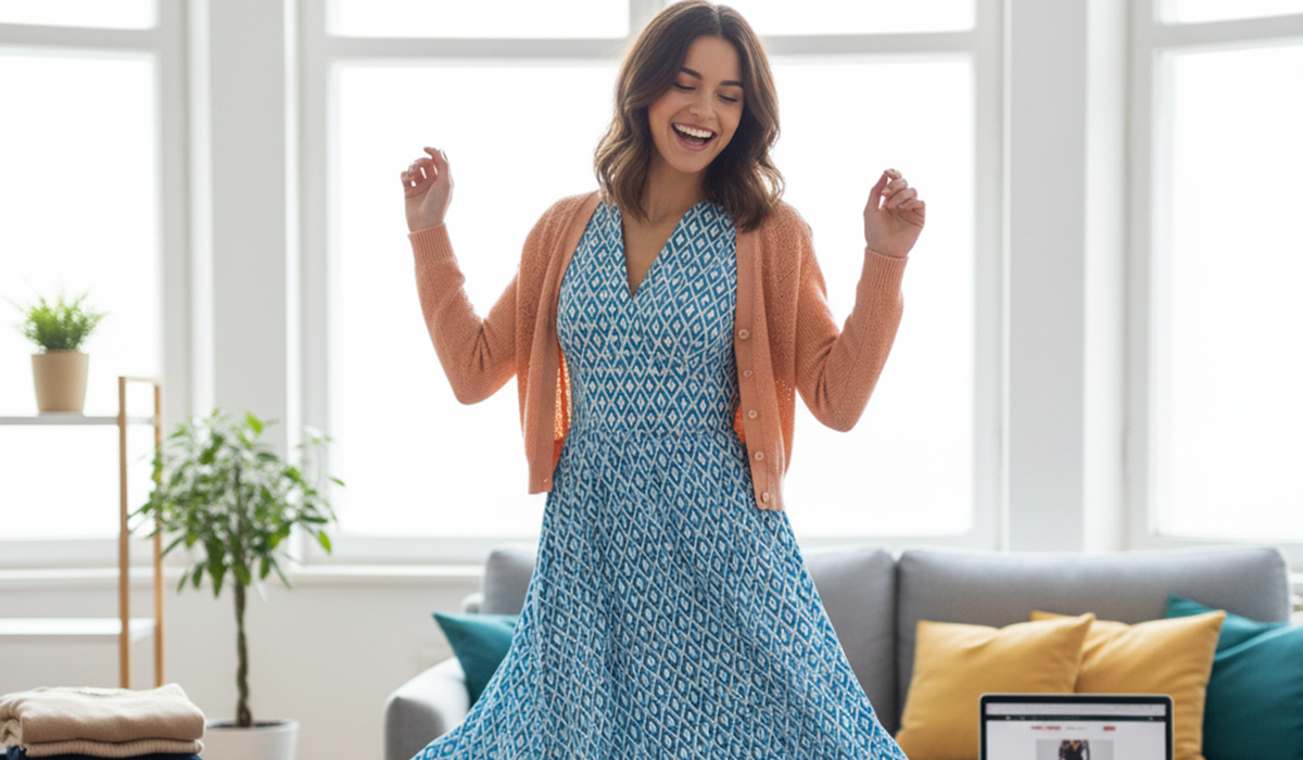 ファッション通販サイトで購入したおしゃれな服に大満足している様子のアイキャッチ画像