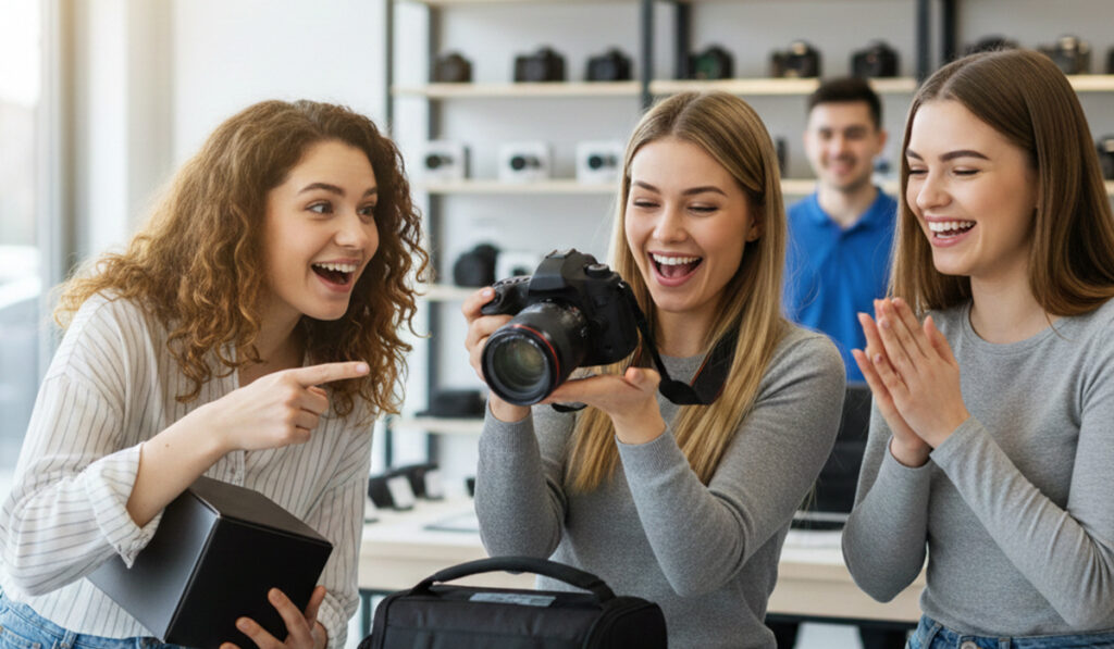新しい一眼レフカメラを購入し喜んでいる様子のアイキャッチ画像