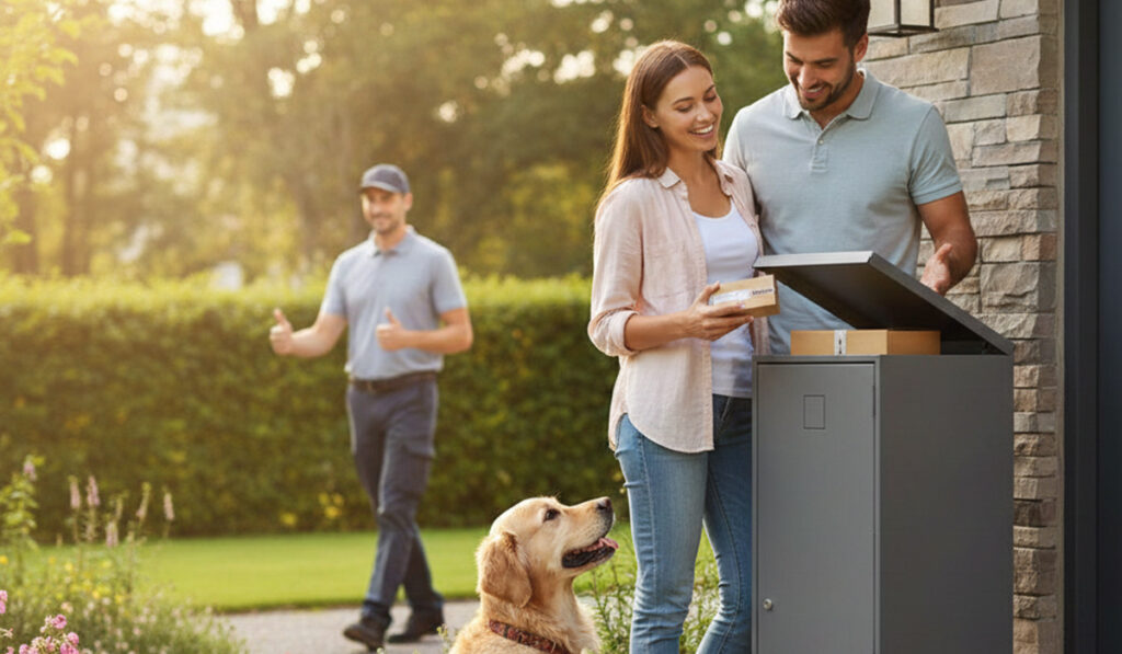 宅配ボックスを購入して生活が便利になりとても幸せな日々を送っている様子のアイキャッチ画像