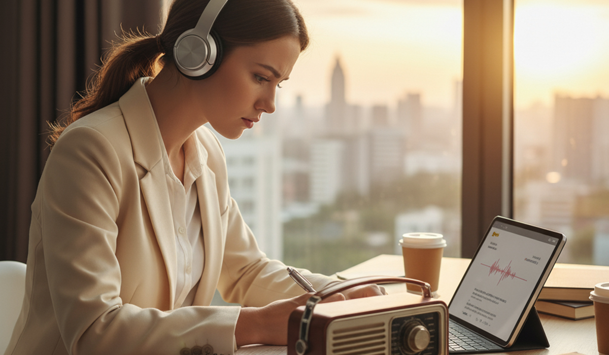 ラジオ英会話を一生懸命学んでいる様子のアイキャッチ画像