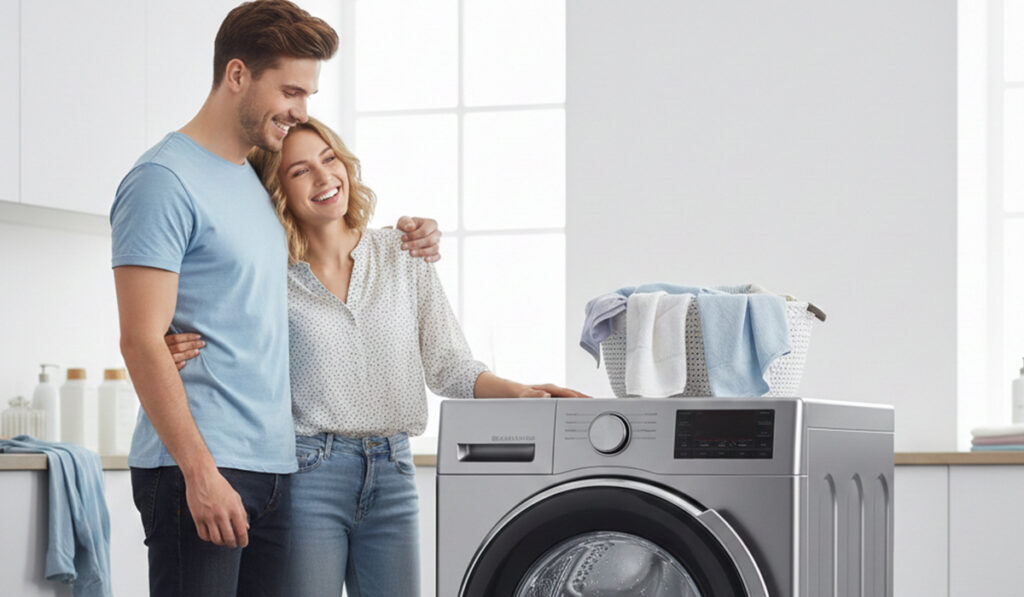 新しい洗濯乾燥機を購入して大喜びする夫婦の様子のアイキャッチ画像