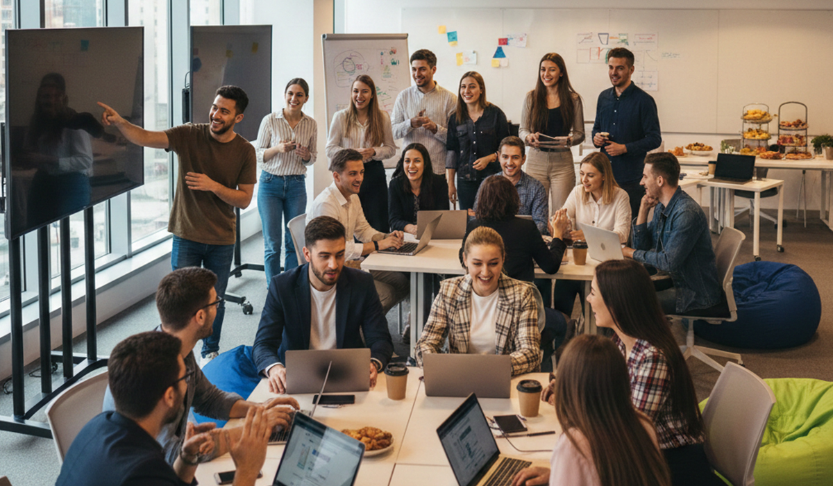 社員が楽しそうに生成AI研修サービスを受けている様子のアイキャッチ画像