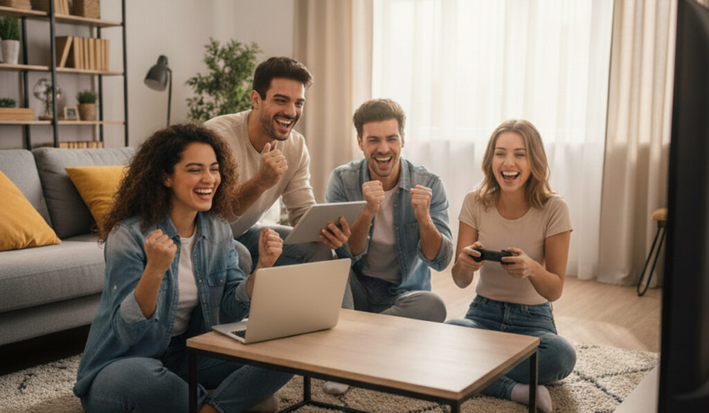 モバイルルーターでインターネット環境が改善されみんな喜んでいる様子のアイキャッチ画像