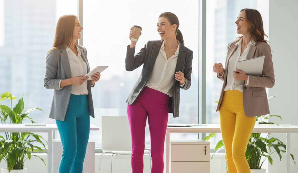 カラフルなストレッチパンツで快適な着心地を実感している様子のアイキャッチ画像