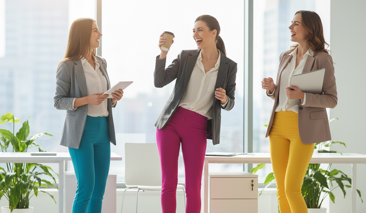 カラフルなストレッチパンツで快適な着心地を実感している様子のアイキャッチ画像