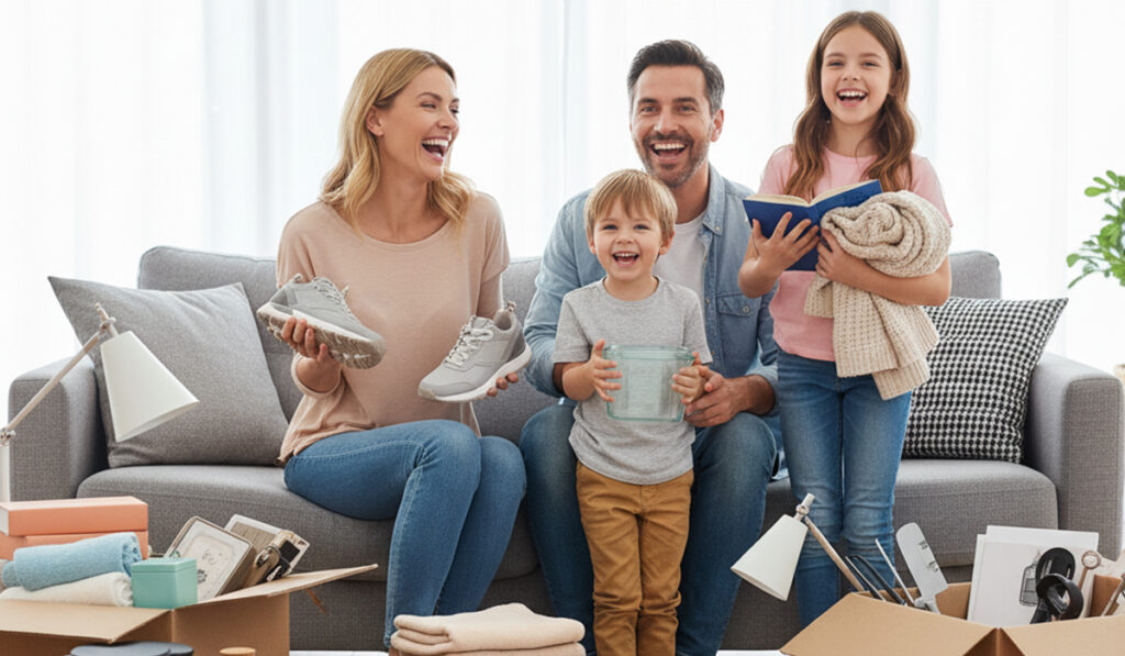 オンラインショッピングモールで揃えた商品で笑顔いっぱいの家族のアイキャッチ画像