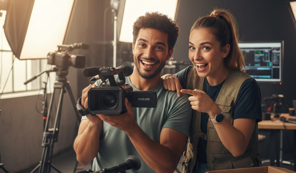 撮影スタッフが新しいプロ用ビデオカメラをを手に入れて喜んでいる様子のアイキャッチ画像