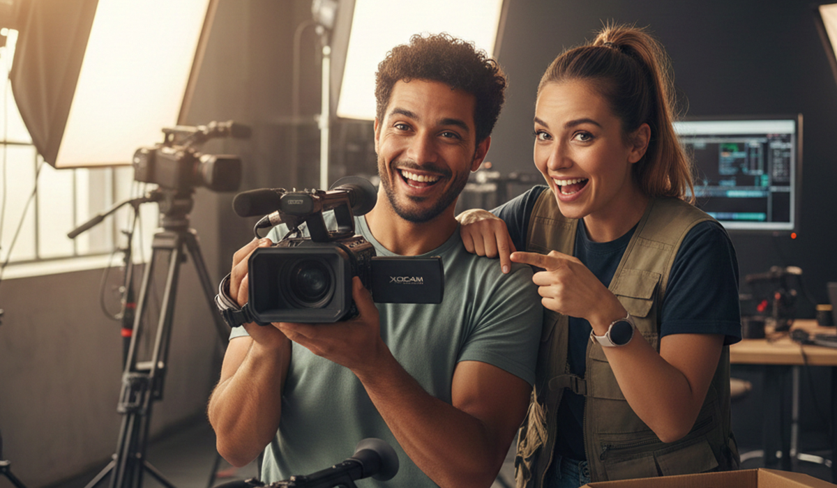 撮影スタッフが新しいプロ用ビデオカメラをを手に入れて喜んでいる様子のアイキャッチ画像