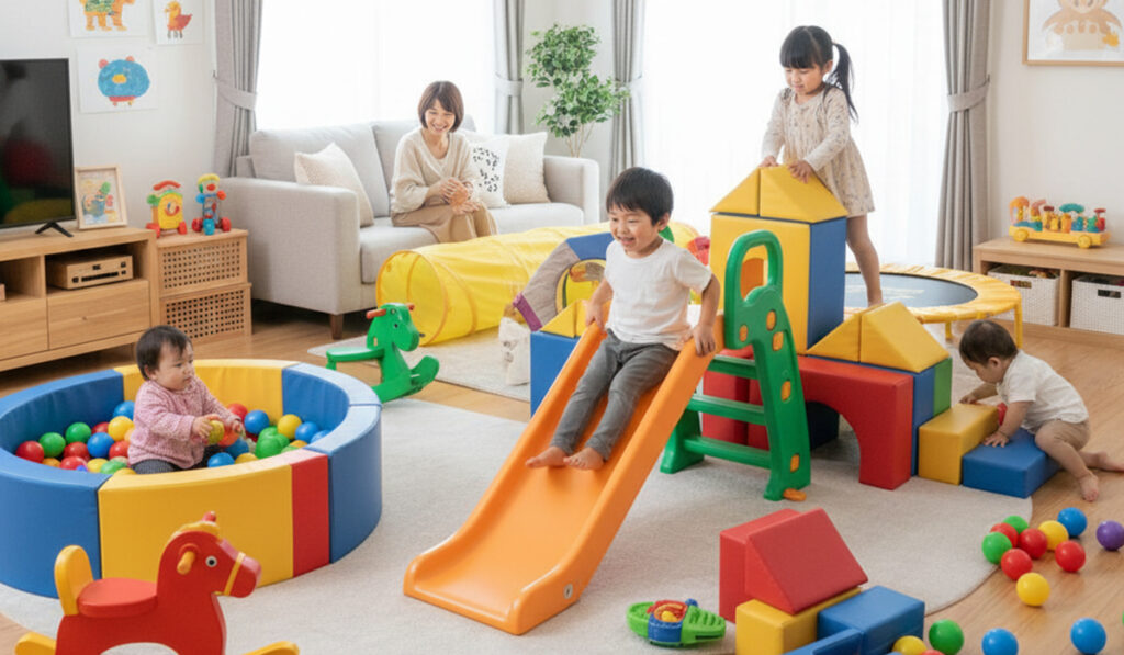 お家の中で遊べるたくさんの室内用遊具で楽しそうに遊んでいる様子のアイキャッチ画像