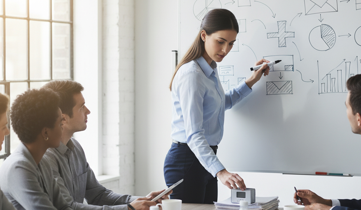 会議の様子を録音し一所懸命板書している様子のアイキャッチ画像