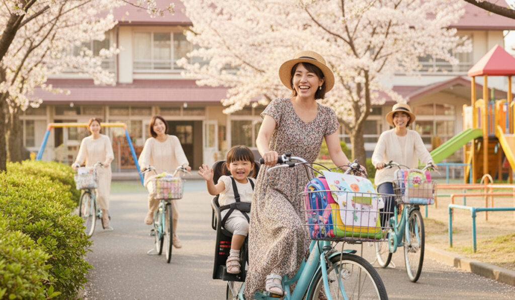 電動自転車で娘の幼稚園の送り迎えものラクラクで幸せな様子のアイキャッチ画像