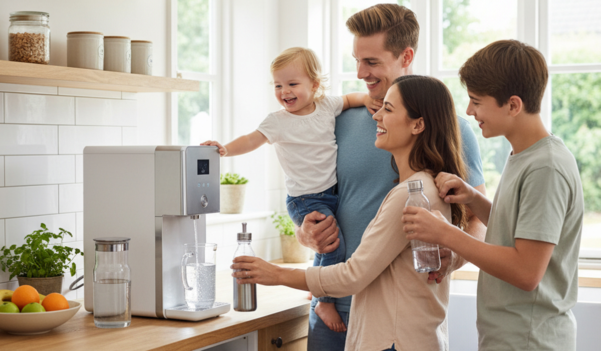 ウォーターサーバーで家族みんなが笑顔でワイワイしている様子のアイキャッチ画像