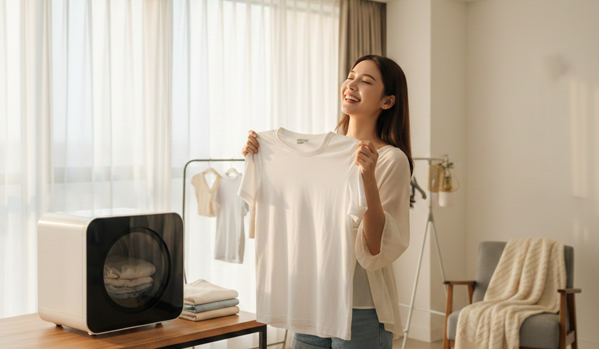 洗濯物が手軽に洗えてすぐに着られるので若い女性が喜んでいる様子のアイキャッチ画像