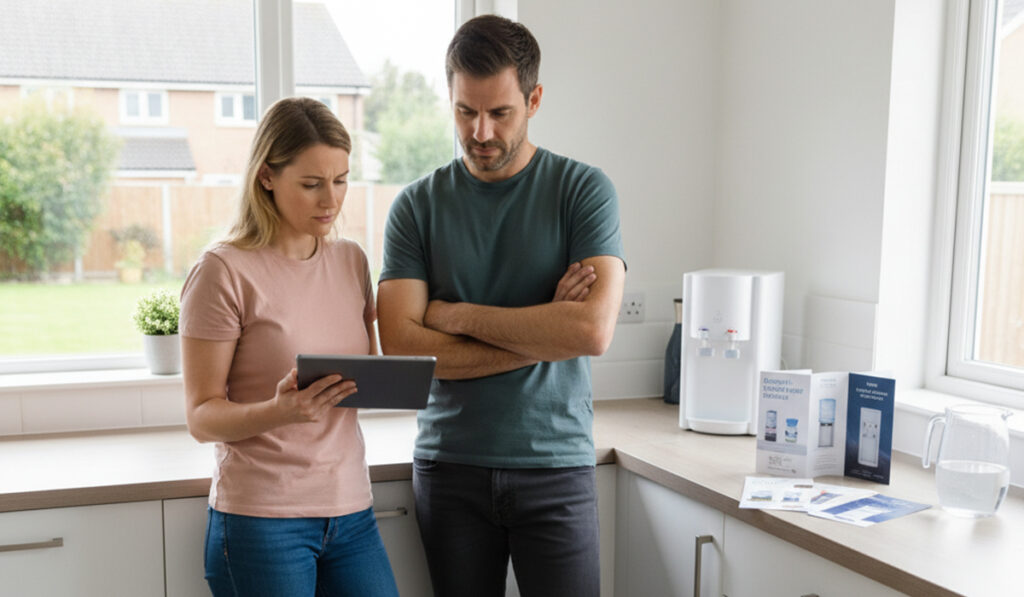 ウォーターサーバーを設置するかどうか迷っている様子のアイキャッチ画像