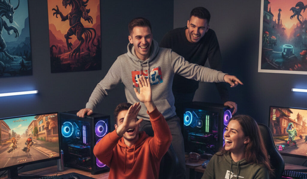 ゲーミングＰＣで若者たちがワイワイやっている様子のアイキャッチ画像