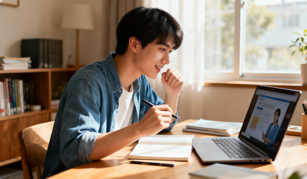 通信制大学でオンライン授業を楽しく受けている様子のアイキャッチ画像