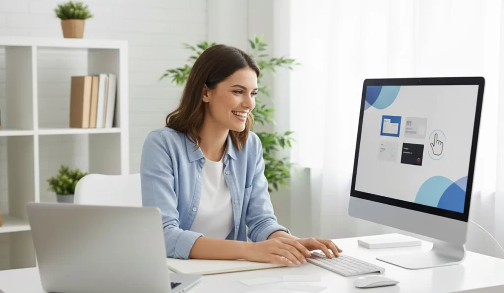 名刺印刷の注文を全てオンラインで完結して業務が捗って喜んでいる様子のアイキャッチ画像