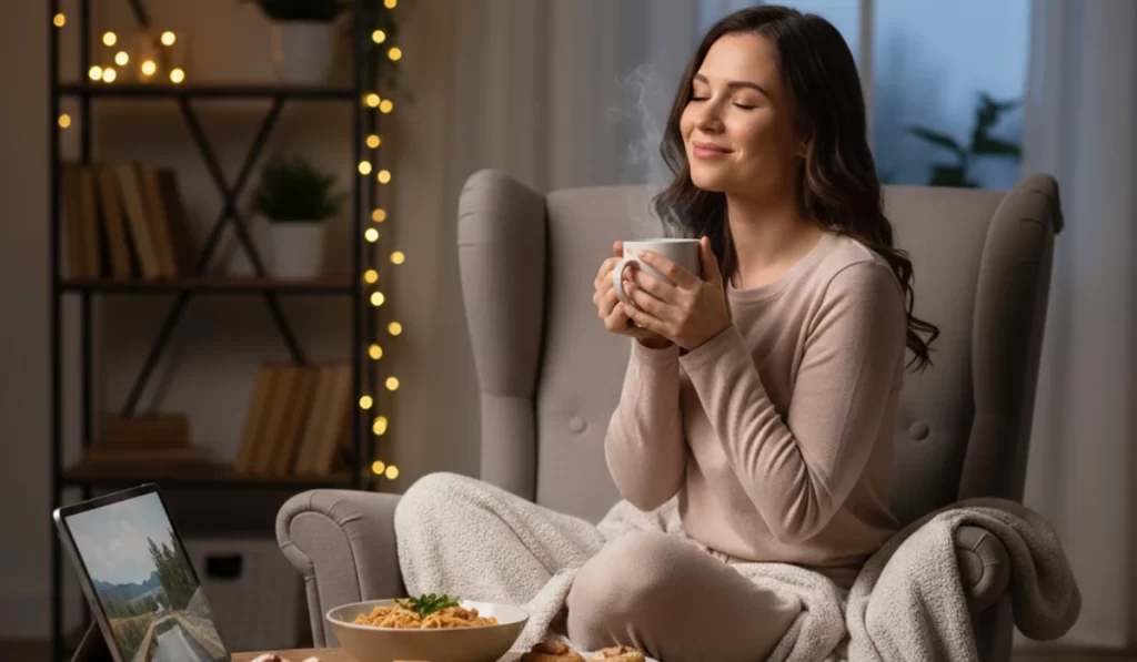 手間なしグルメでほっと一息ついて忙しさを癒している様子のアイキャッチ画像